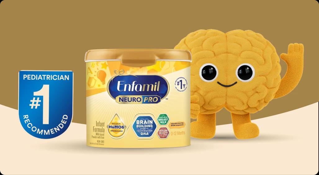 Brainy with tub of Enfamil NeuroPro Infant formula and #1 Pediatrician Recommended