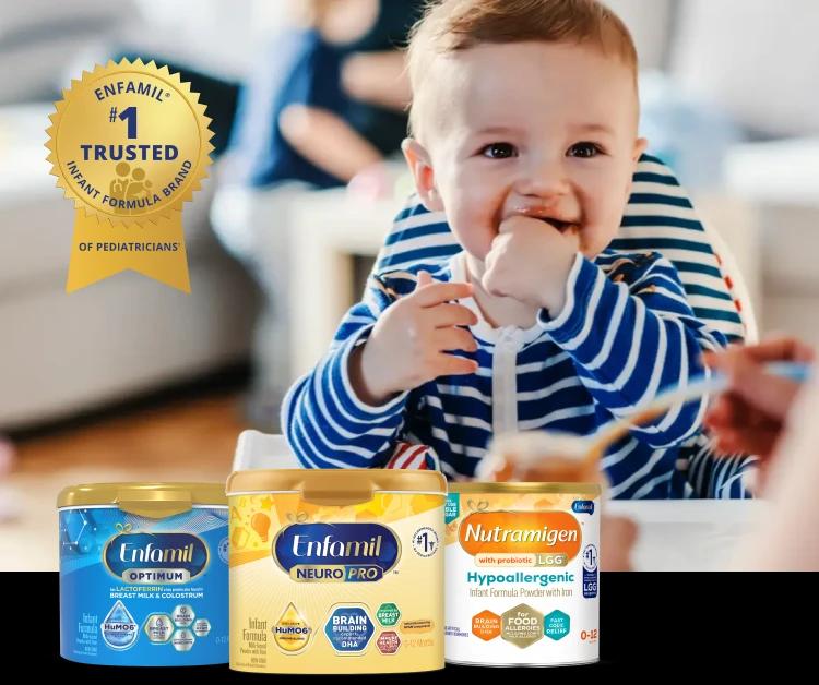 Smiling infant and a lineup of of Enfamil's Infant formulas that are the #1 trusted brand of pediatricians